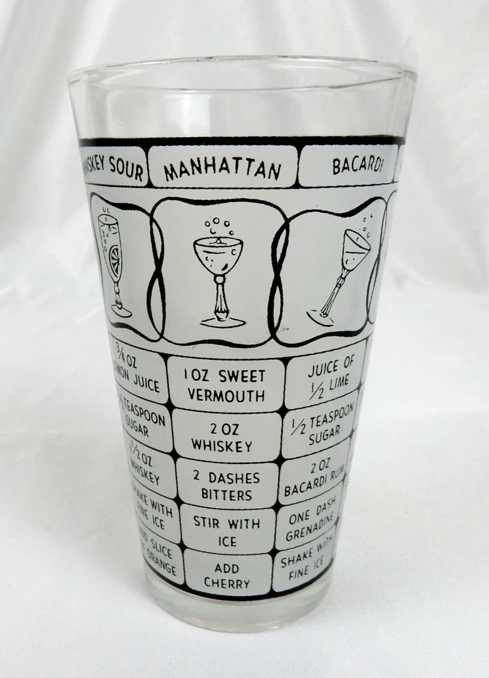 Vintage Glass Cocktail Recipe Pint Glass Bar Mixer Retro Clear + Frosted